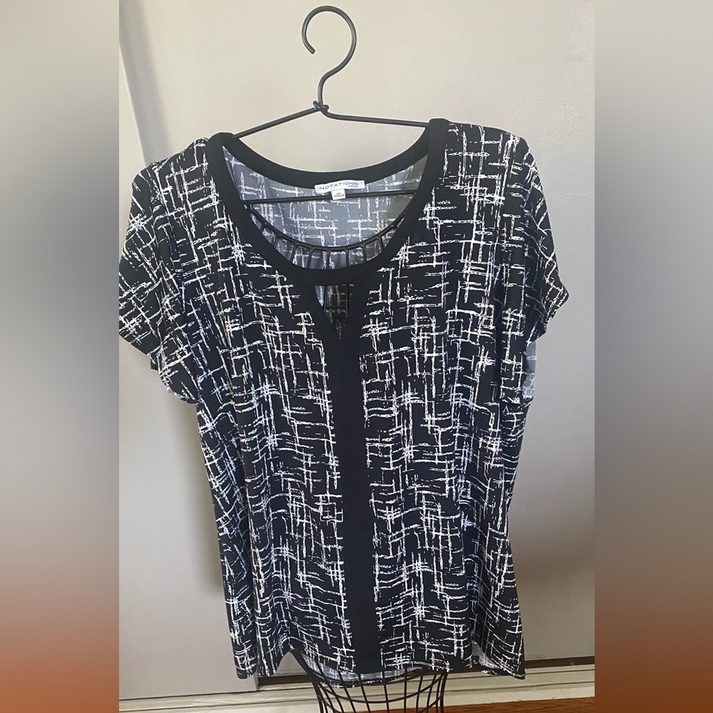 Notations Black Blouse with Abstract Pattern and Rounded Neckline